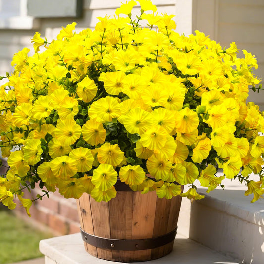 Artificial Flowers - 16 Bundles UV Resistant Yellow Faux Silk Plastic Outdoor Fake Plants, Realistic Greenery Foliage for Porch Planter Window Box Garden Indoor Home Decor