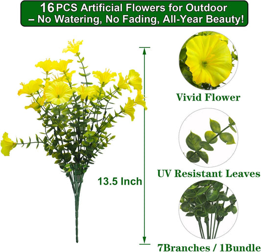 Artificial Flowers - 16 Bundles UV Resistant Yellow Faux Silk Plastic Outdoor Fake Plants, Realistic Greenery Foliage for Porch Planter Window Box Garden Indoor Home Decor