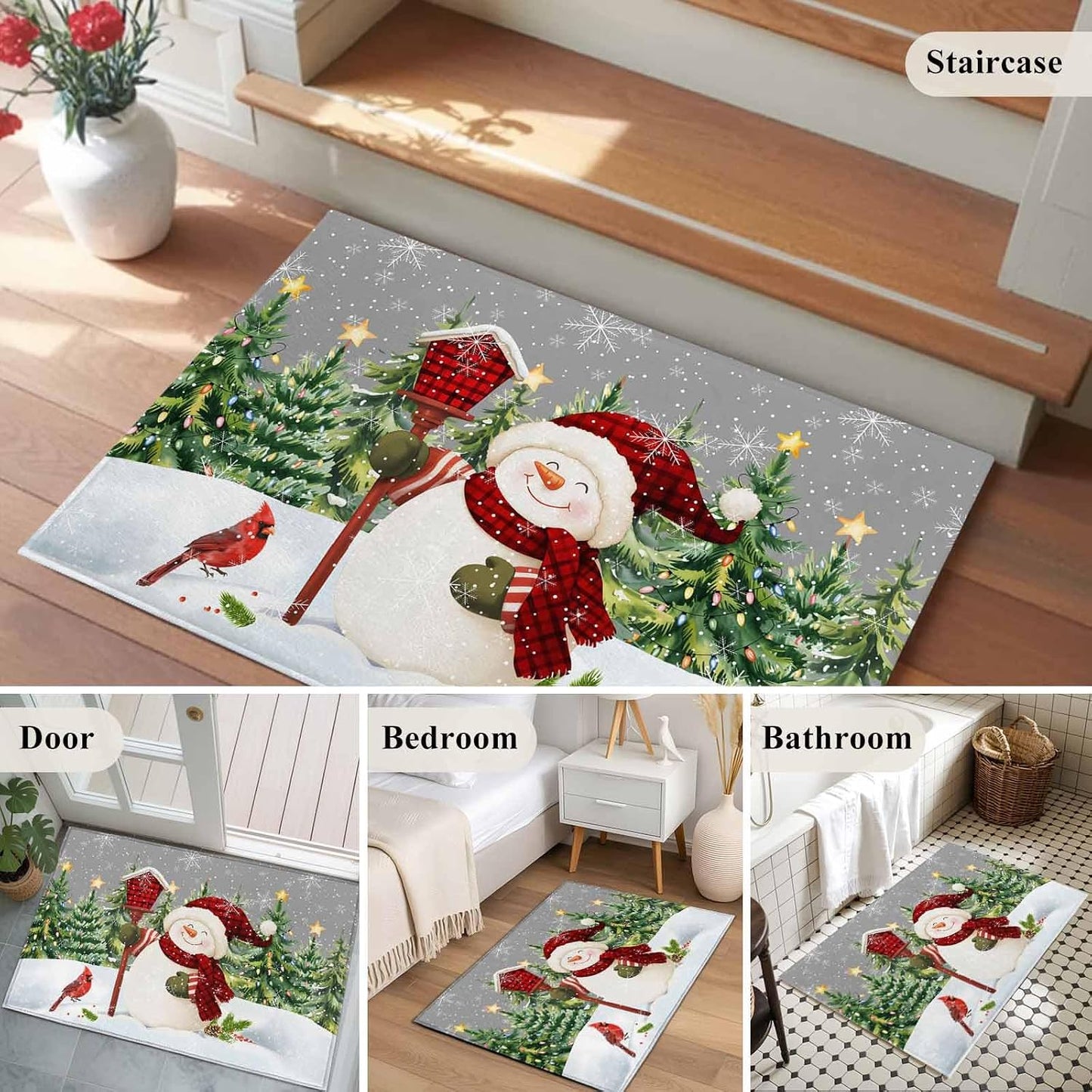 Rectangle Area Rug 2x3ft, Xmas Snowman Pine Tree on Gray Non Slip Floor Mat, Winter Snowflake Yellow Star Non Shedding Washable Floor Carpets for Living Room Bedroom Home Decor