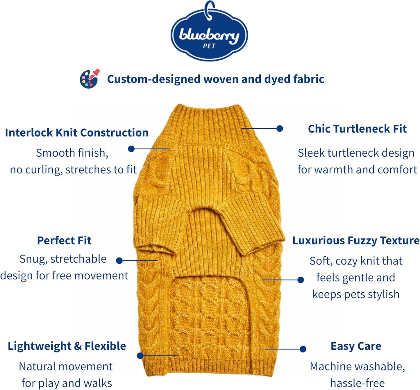 Classic Fuzzy Textured Knit Pullover Turtle-Neck Dog Sweater in Mustard Yellow, Back Length 20", Pack of 1 Clothes for Dogs