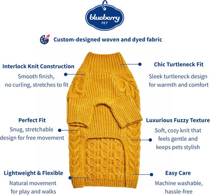 Classic Fuzzy Textured Knit Pullover Turtle-Neck Dog Sweater in Mustard Yellow, Back Length 20", Pack of 1 Clothes for Dogs