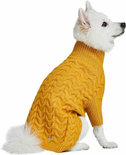 Classic Fuzzy Textured Knit Pullover Turtle-Neck Dog Sweater in Mustard Yellow, Back Length 20", Pack of 1 Clothes for Dogs