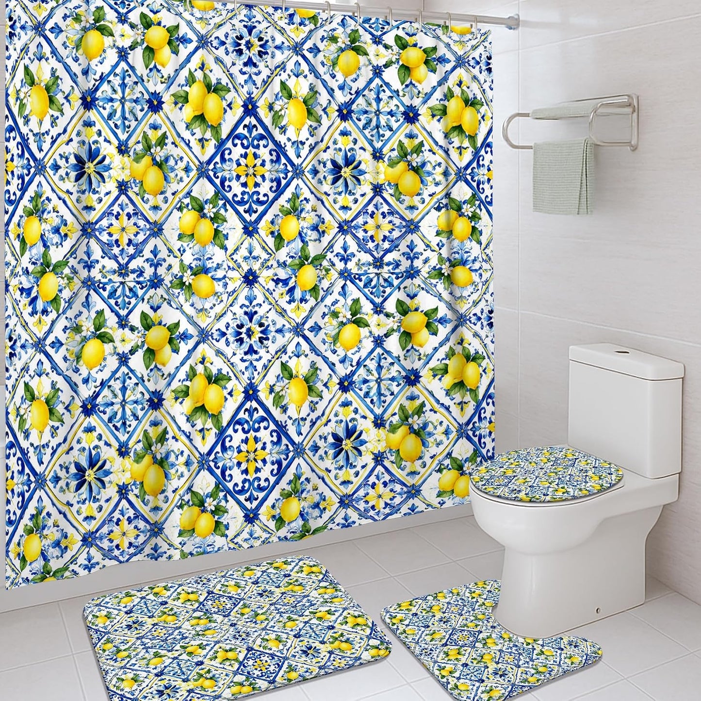 Lemon Shower Curtain Sets, Summer Tropical Flower Diamond Summer Yellow Polyester Waterproof Bathroom Sets with Shower Curtain and Rugs Decorative for Toile Guest Room 72x72 Inch