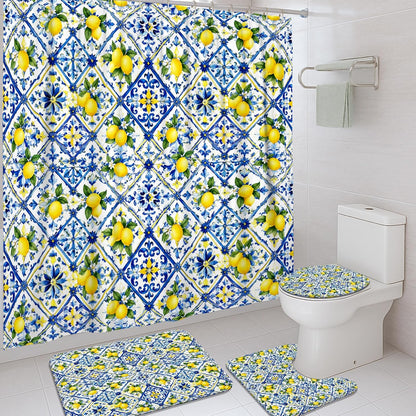 Lemon Shower Curtain Sets, Summer Tropical Flower Diamond Summer Yellow Polyester Waterproof Bathroom Sets with Shower Curtain and Rugs Decorative for Toile Guest Room 72x72 Inch