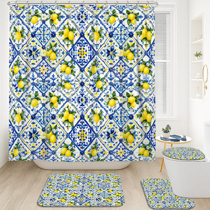 Lemon Shower Curtain Sets, Summer Tropical Flower Diamond Summer Yellow Polyester Waterproof Bathroom Sets with Shower Curtain and Rugs Decorative for Toile Guest Room 72x72 Inch