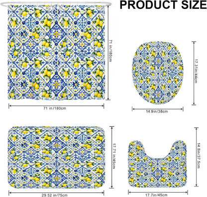 Lemon Shower Curtain Sets, Summer Tropical Flower Diamond Summer Yellow Polyester Waterproof Bathroom Sets with Shower Curtain and Rugs Decorative for Toile Guest Room 72x72 Inch
