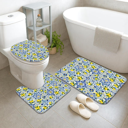 Lemon Shower Curtain Sets, Summer Tropical Flower Diamond Summer Yellow Polyester Waterproof Bathroom Sets with Shower Curtain and Rugs Decorative for Toile Guest Room 72x72 Inch