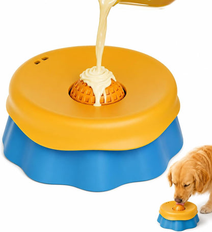 Slow Feeder Dog Bowl with Rolling Ball - 2-in-1 Silicone Dog Lick Bowl for Liquid Treats, Anti-Slip Interactive Licking Toy for Small Medium Large Dogs Cats, Food-Grade Easy Clean (Blue+Yellow)
