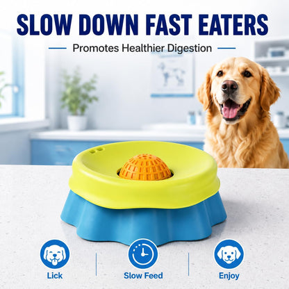 Slow Feeder Dog Bowl with Rolling Ball - 2-in-1 Silicone Dog Lick Bowl for Liquid Treats, Anti-Slip Interactive Licking Toy for Small Medium Large Dogs Cats, Food-Grade Easy Clean (Blue+Yellow)