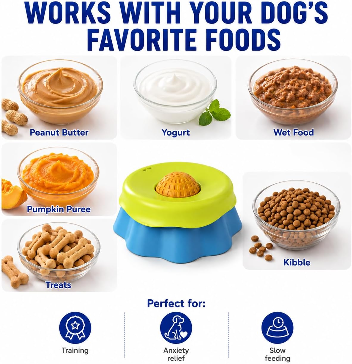Slow Feeder Dog Bowl with Rolling Ball - 2-in-1 Silicone Dog Lick Bowl for Liquid Treats, Anti-Slip Interactive Licking Toy for Small Medium Large Dogs Cats, Food-Grade Easy Clean (Blue+Yellow)