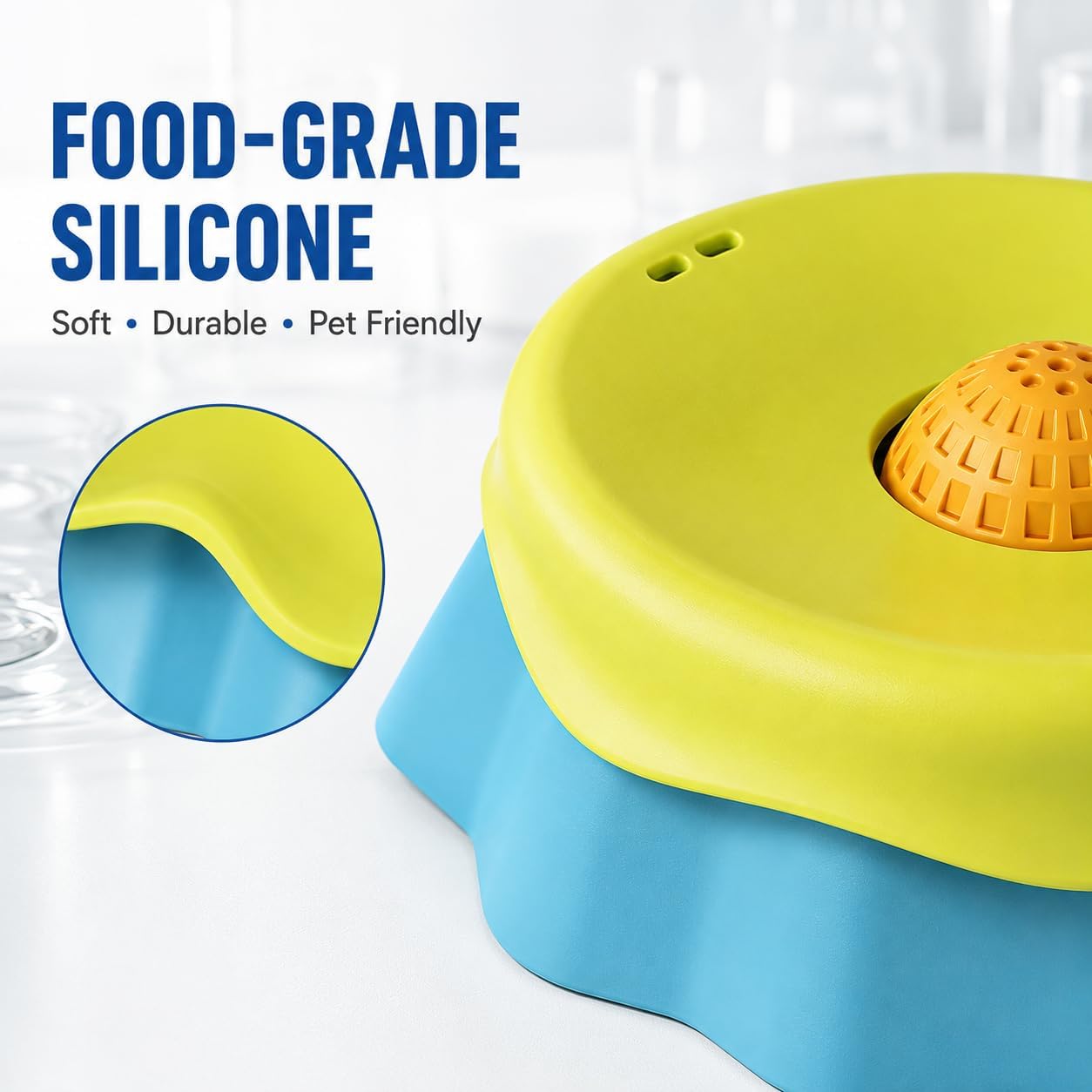 Slow Feeder Dog Bowl with Rolling Ball - 2-in-1 Silicone Dog Lick Bowl for Liquid Treats, Anti-Slip Interactive Licking Toy for Small Medium Large Dogs Cats, Food-Grade Easy Clean (Blue+Yellow)