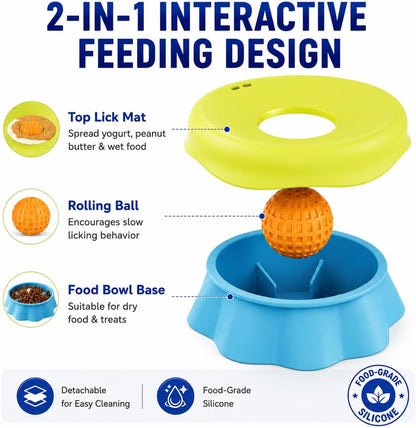 Slow Feeder Dog Bowl with Rolling Ball - 2-in-1 Silicone Dog Lick Bowl for Liquid Treats, Anti-Slip Interactive Licking Toy for Small Medium Large Dogs Cats, Food-Grade Easy Clean (Blue+Yellow)