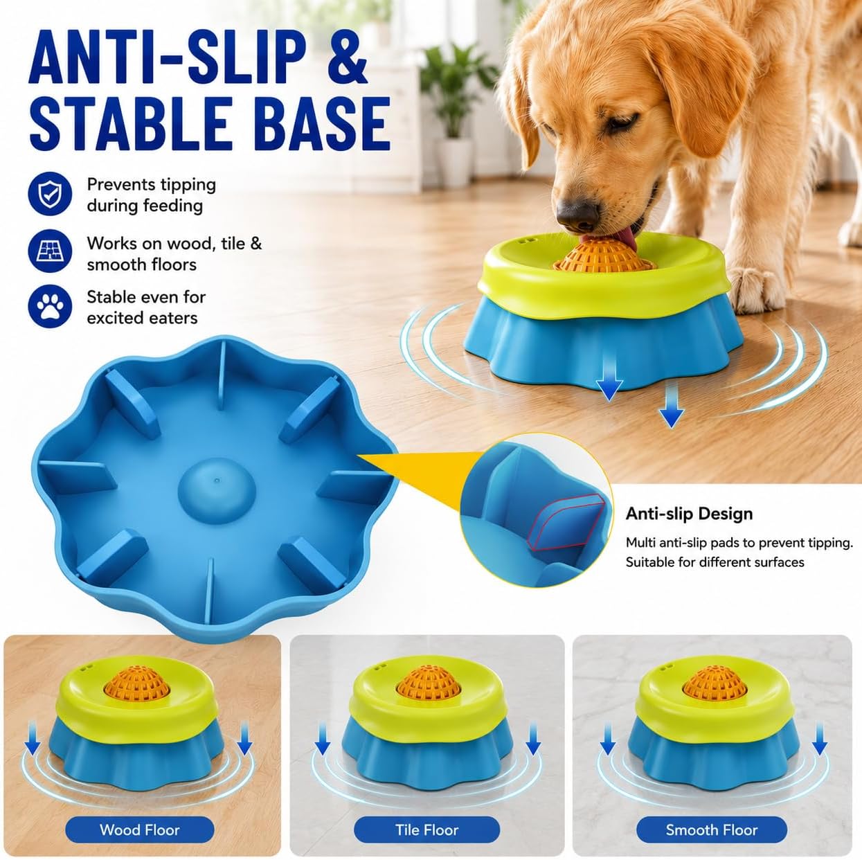 Slow Feeder Dog Bowl with Rolling Ball - 2-in-1 Silicone Dog Lick Bowl for Liquid Treats, Anti-Slip Interactive Licking Toy for Small Medium Large Dogs Cats, Food-Grade Easy Clean (Blue+Yellow)