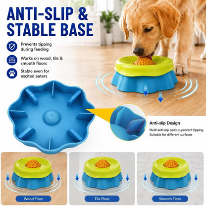Slow Feeder Dog Bowl with Rolling Ball - 2-in-1 Silicone Dog Lick Bowl for Liquid Treats, Anti-Slip Interactive Licking Toy for Small Medium Large Dogs Cats, Food-Grade Easy Clean (Blue+Yellow)