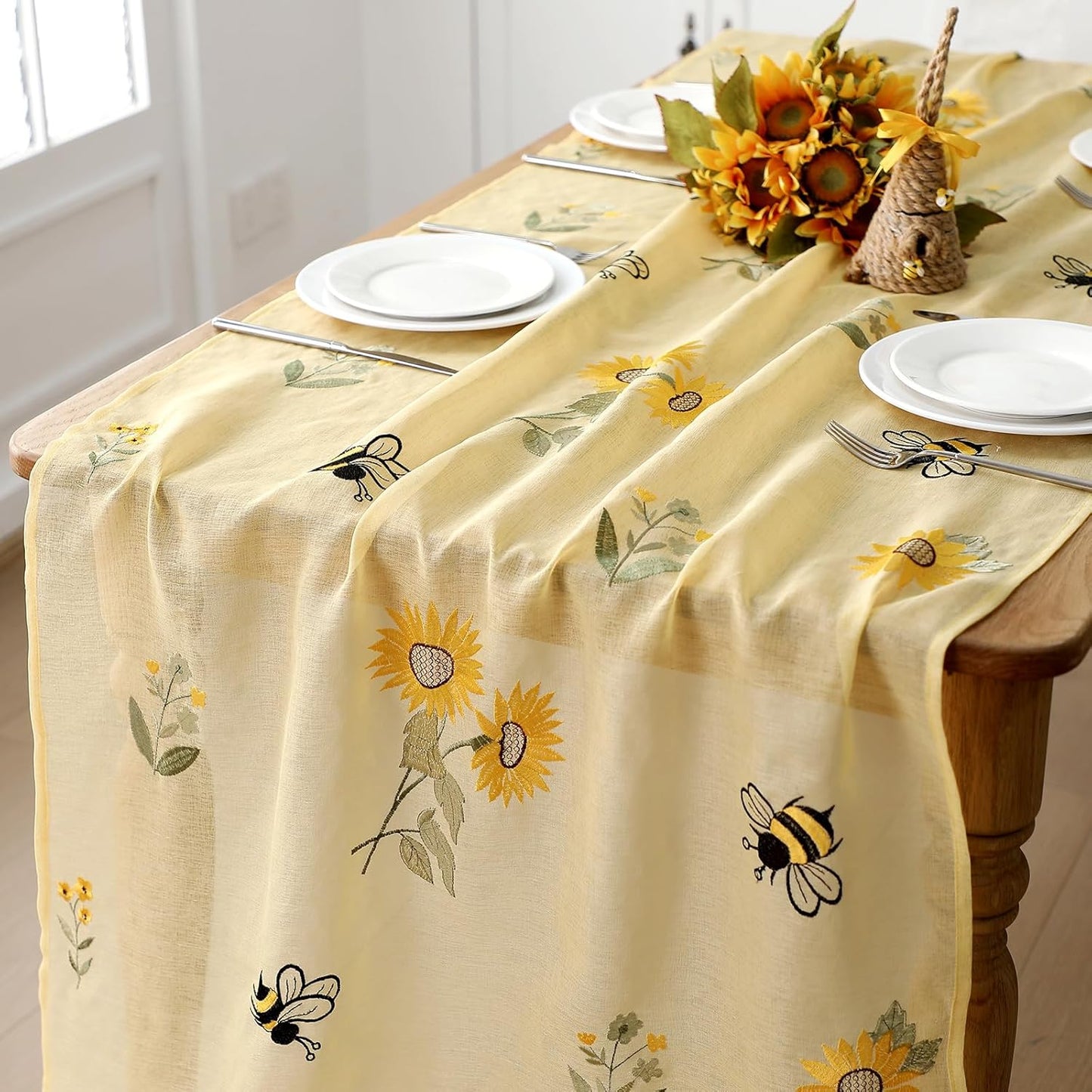 Embroidery Sunflower bee Table Runner 9.2 ft Hydrangea Spring Yellow Cheesecloth Table Runner 110 Inch Gauze Boho Farmhouse Dining Decor for Home Wedding Birthday Baby Shower Christmas Decor