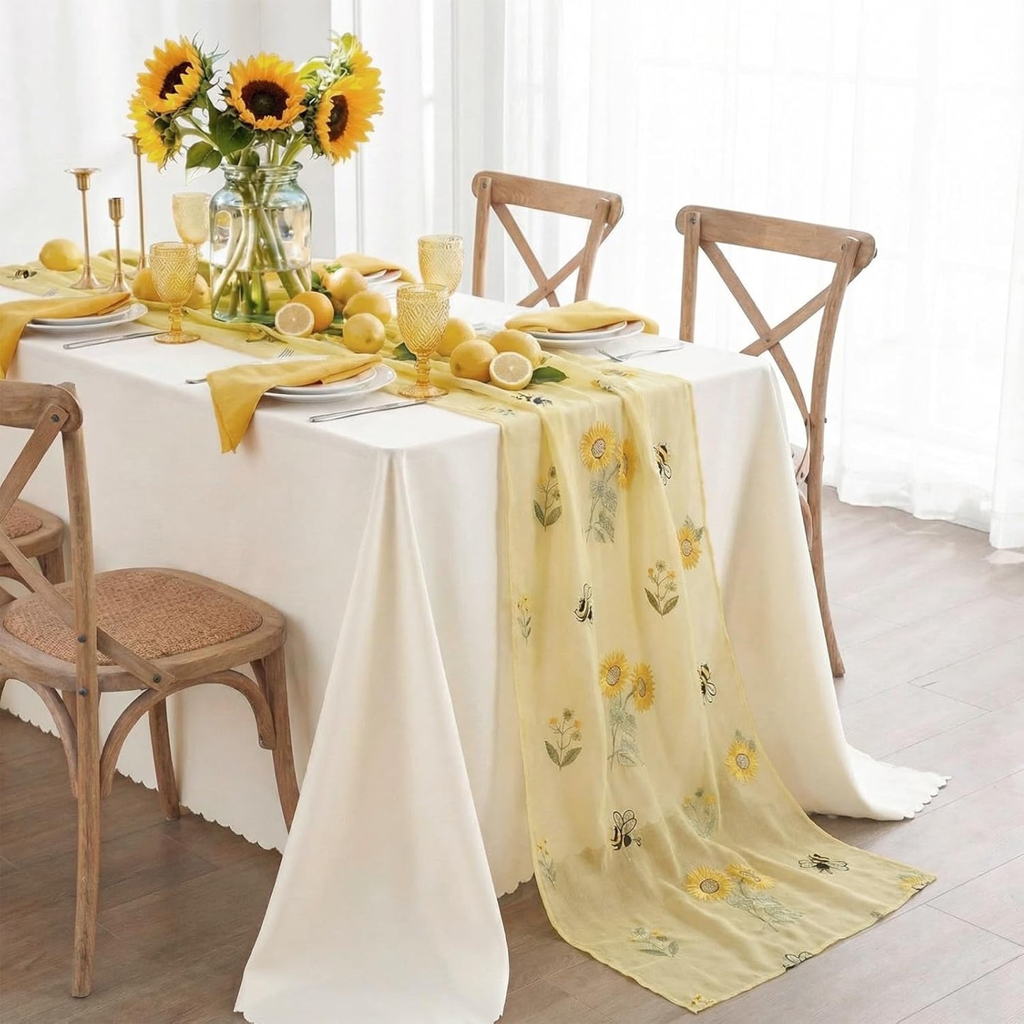 Embroidery Sunflower bee Table Runner 9.2 ft Hydrangea Spring Yellow Cheesecloth Table Runner 110 Inch Gauze Boho Farmhouse Dining Decor for Home Wedding Birthday Baby Shower Christmas Decor