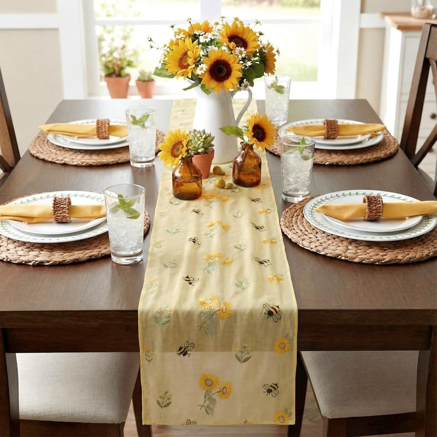 Embroidery Sunflower bee Table Runner 9.2 ft Hydrangea Spring Yellow Cheesecloth Table Runner 110 Inch Gauze Boho Farmhouse Dining Decor for Home Wedding Birthday Baby Shower Christmas Decor