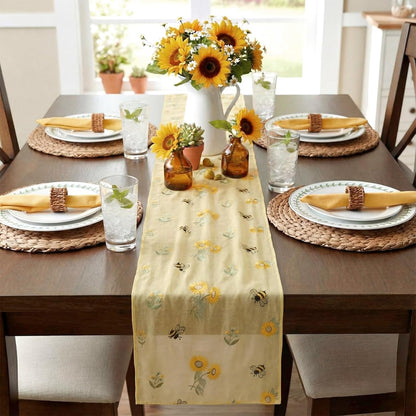 Embroidery Sunflower bee Table Runner 9.2 ft Hydrangea Spring Yellow Cheesecloth Table Runner 110 Inch Gauze Boho Farmhouse Dining Decor for Home Wedding Birthday Baby Shower Christmas Decor