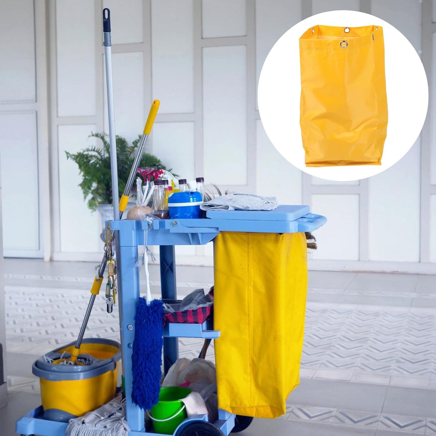 Janitorial Cart Replacement Bag Canvas Cleaning Trolley Pouch with 6 Metal Hanging Holes Yellow Multipurpose Housekeeping Cleaning Cart Replacement Bag