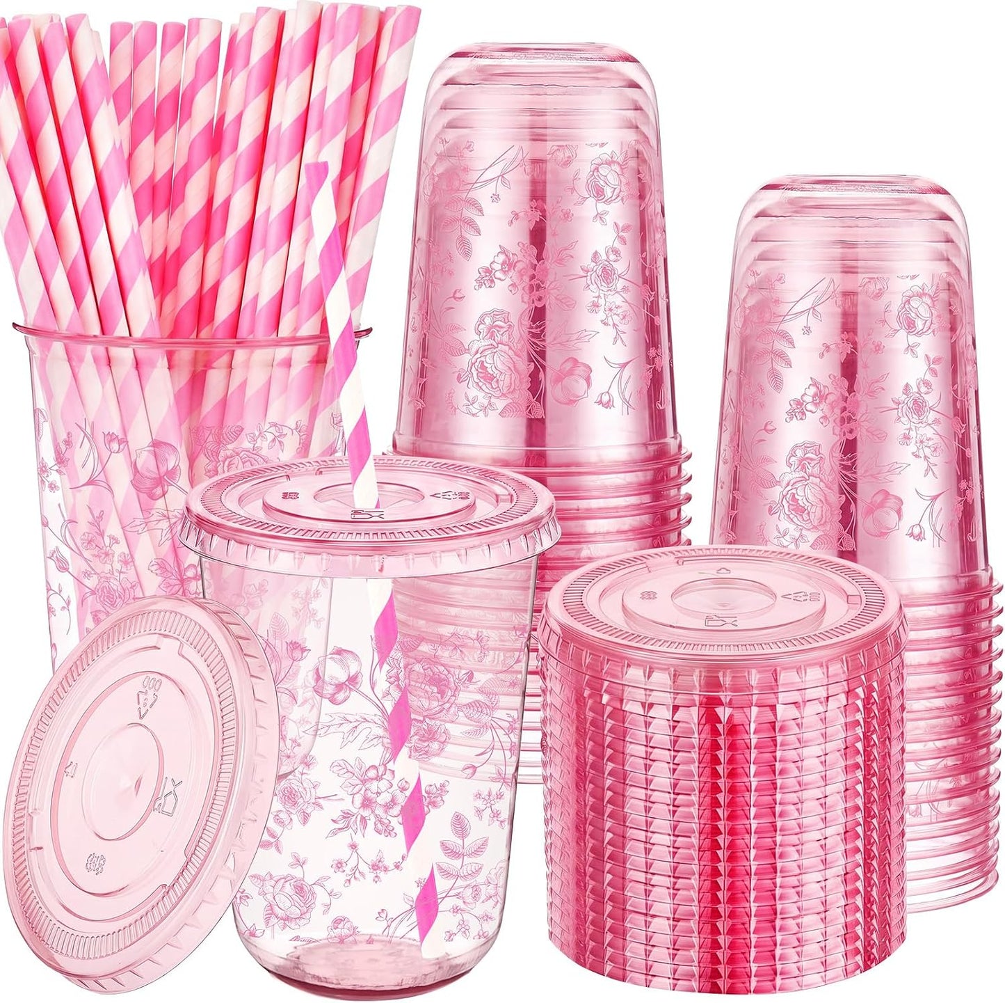 50 Sets Yellow Lemon Clear Plastic Cups with Lids & Straws 16 oz Party Tumblers for Iced Coffee, Smoothies, Juice & More Cute Disposable Pet Mugs for Birthdays & Gatherings