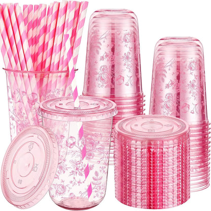 50 Sets Yellow Lemon Clear Plastic Cups with Lids & Straws 16 oz Party Tumblers for Iced Coffee, Smoothies, Juice & More Cute Disposable Pet Mugs for Birthdays & Gatherings