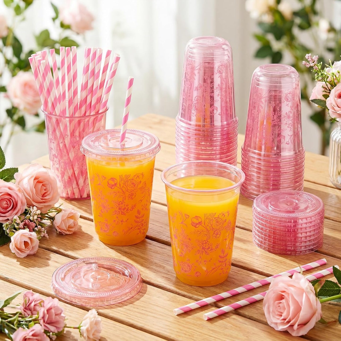 50 Sets Yellow Lemon Clear Plastic Cups with Lids & Straws 16 oz Party Tumblers for Iced Coffee, Smoothies, Juice & More Cute Disposable Pet Mugs for Birthdays & Gatherings