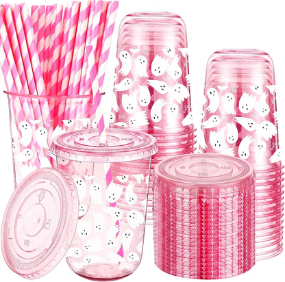 50 Sets Yellow Lemon Clear Plastic Cups with Lids & Straws 16 oz Party Tumblers for Iced Coffee, Smoothies, Juice & More Cute Disposable Pet Mugs for Birthdays & Gatherings