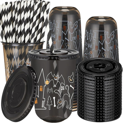 50 Sets Yellow Lemon Clear Plastic Cups with Lids & Straws 16 oz Party Tumblers for Iced Coffee, Smoothies, Juice & More Cute Disposable Pet Mugs for Birthdays & Gatherings