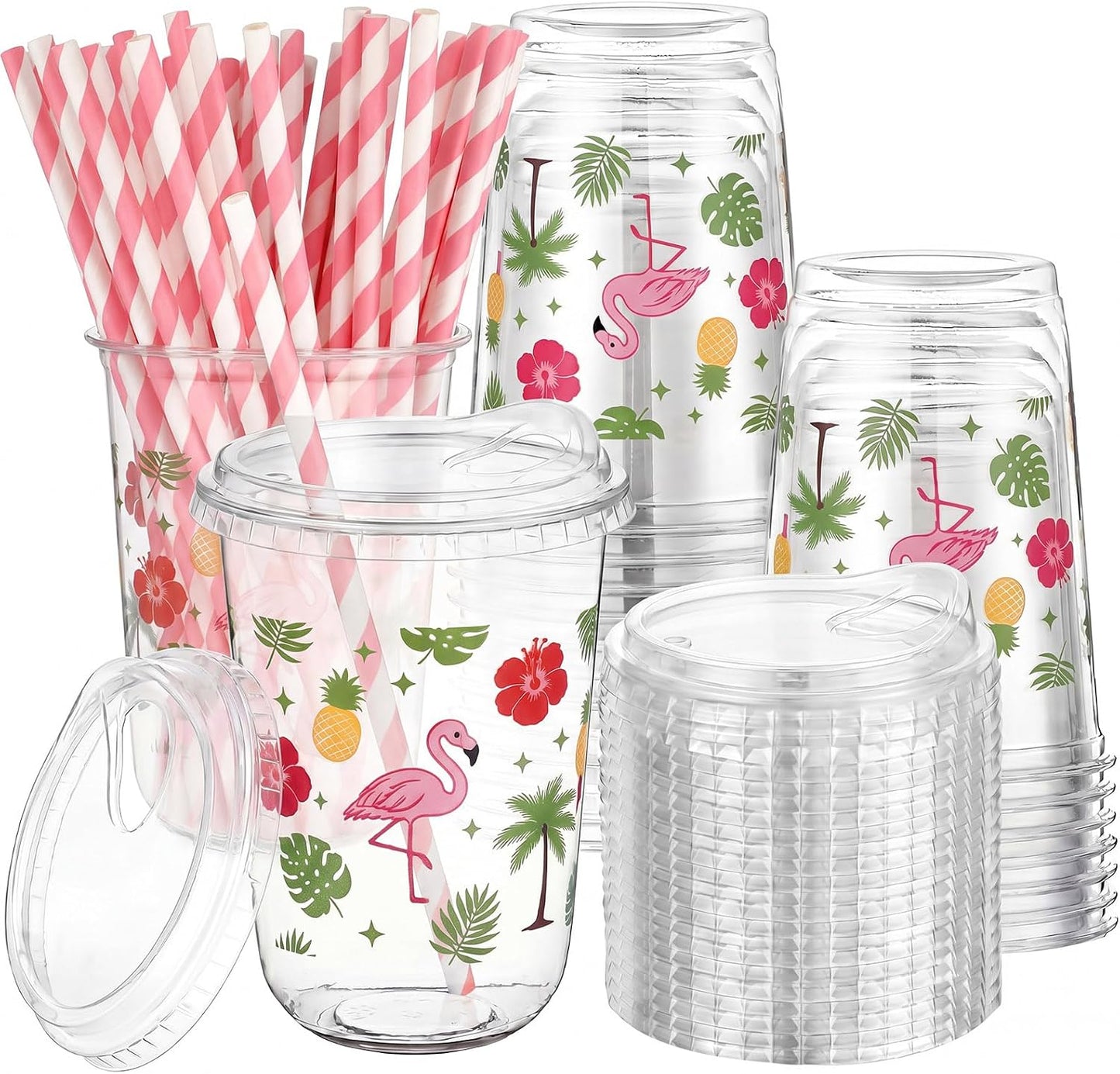 50 Sets Yellow Lemon Clear Plastic Cups with Lids & Straws 16 oz Party Tumblers for Iced Coffee, Smoothies, Juice & More Cute Disposable Pet Mugs for Birthdays & Gatherings