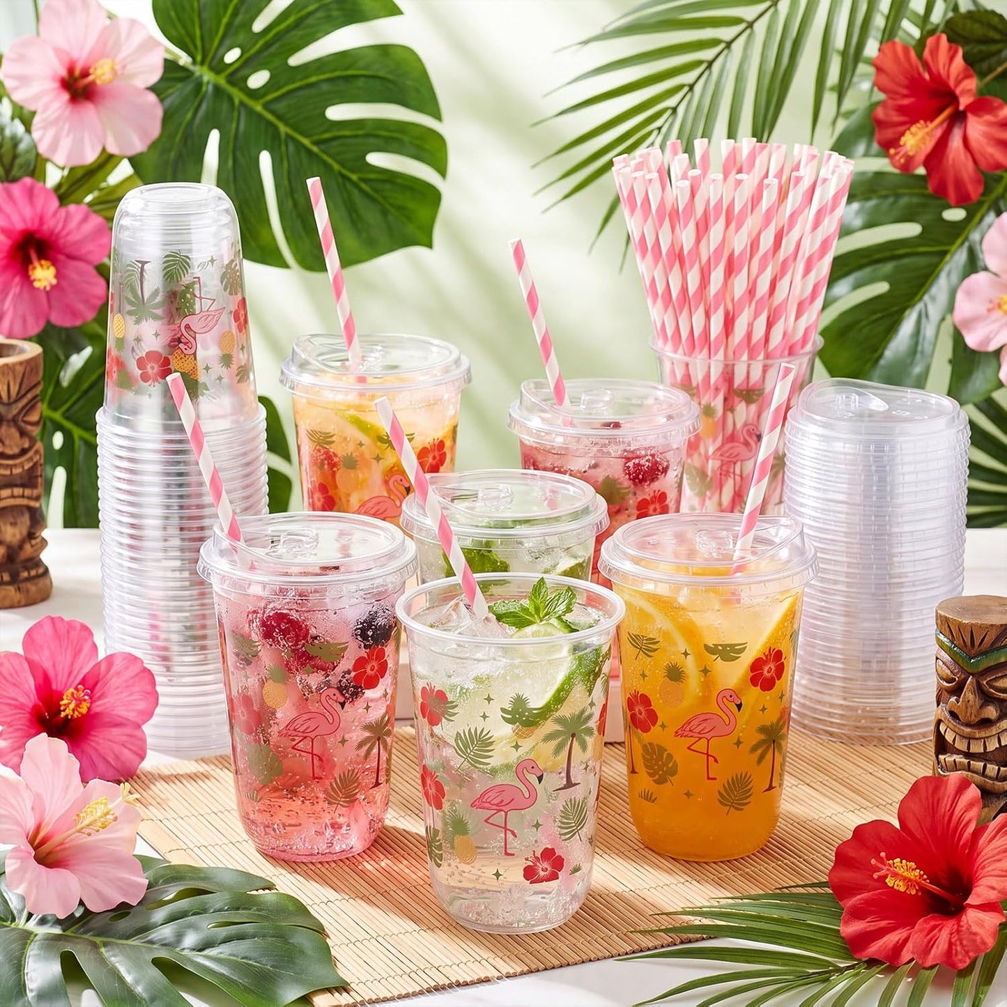 50 Sets Yellow Lemon Clear Plastic Cups with Lids & Straws 16 oz Party Tumblers for Iced Coffee, Smoothies, Juice & More Cute Disposable Pet Mugs for Birthdays & Gatherings