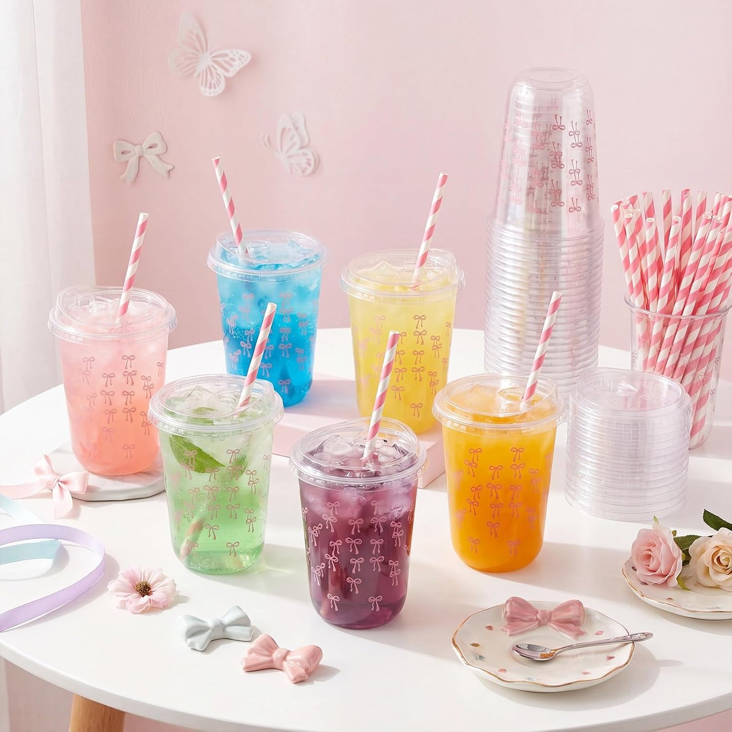 50 Sets Yellow Lemon Clear Plastic Cups with Lids & Straws 16 oz Party Tumblers for Iced Coffee, Smoothies, Juice & More Cute Disposable Pet Mugs for Birthdays & Gatherings