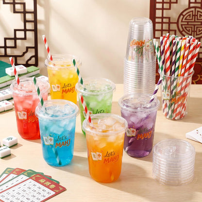 50 Sets Yellow Lemon Clear Plastic Cups with Lids & Straws 16 oz Party Tumblers for Iced Coffee, Smoothies, Juice & More Cute Disposable Pet Mugs for Birthdays & Gatherings