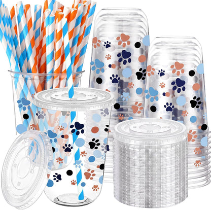 50 Sets Yellow Lemon Clear Plastic Cups with Lids & Straws 16 oz Party Tumblers for Iced Coffee, Smoothies, Juice & More Cute Disposable Pet Mugs for Birthdays & Gatherings