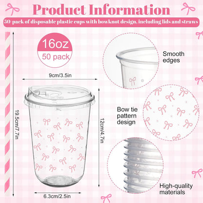 50 Sets Yellow Lemon Clear Plastic Cups with Lids & Straws 16 oz Party Tumblers for Iced Coffee, Smoothies, Juice & More Cute Disposable Pet Mugs for Birthdays & Gatherings