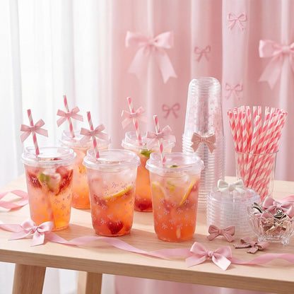 50 Sets Yellow Lemon Clear Plastic Cups with Lids & Straws 16 oz Party Tumblers for Iced Coffee, Smoothies, Juice & More Cute Disposable Pet Mugs for Birthdays & Gatherings