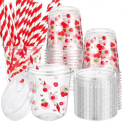 50 Sets Yellow Lemon Clear Plastic Cups with Lids & Straws 16 oz Party Tumblers for Iced Coffee, Smoothies, Juice & More Cute Disposable Pet Mugs for Birthdays & Gatherings