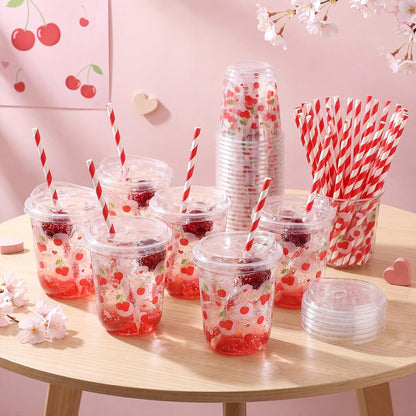 50 Sets Yellow Lemon Clear Plastic Cups with Lids & Straws 16 oz Party Tumblers for Iced Coffee, Smoothies, Juice & More Cute Disposable Pet Mugs for Birthdays & Gatherings
