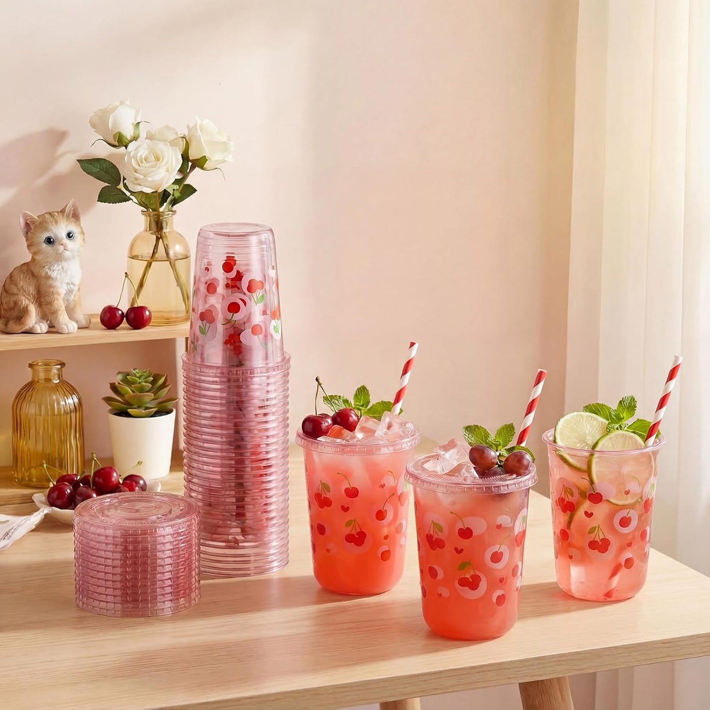 50 Sets Yellow Lemon Clear Plastic Cups with Lids & Straws 16 oz Party Tumblers for Iced Coffee, Smoothies, Juice & More Cute Disposable Pet Mugs for Birthdays & Gatherings