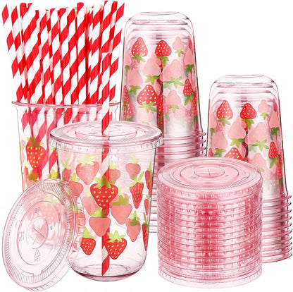 50 Sets Yellow Lemon Clear Plastic Cups with Lids & Straws 16 oz Party Tumblers for Iced Coffee, Smoothies, Juice & More Cute Disposable Pet Mugs for Birthdays & Gatherings