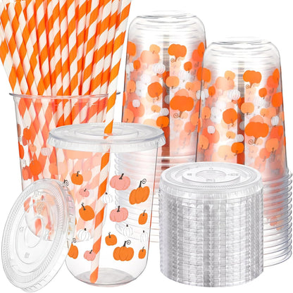 50 Sets Yellow Lemon Clear Plastic Cups with Lids & Straws 16 oz Party Tumblers for Iced Coffee, Smoothies, Juice & More Cute Disposable Pet Mugs for Birthdays & Gatherings