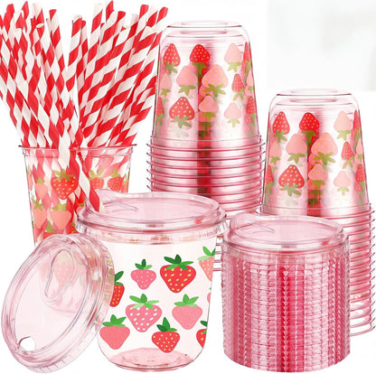 50 Sets Yellow Lemon Clear Plastic Cups with Lids & Straws 16 oz Party Tumblers for Iced Coffee, Smoothies, Juice & More Cute Disposable Pet Mugs for Birthdays & Gatherings