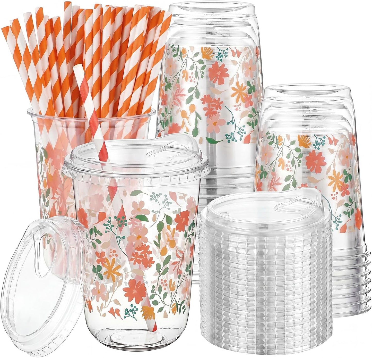50 Sets Yellow Lemon Clear Plastic Cups with Lids & Straws 16 oz Party Tumblers for Iced Coffee, Smoothies, Juice & More Cute Disposable Pet Mugs for Birthdays & Gatherings