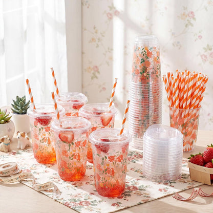 50 Sets Yellow Lemon Clear Plastic Cups with Lids & Straws 16 oz Party Tumblers for Iced Coffee, Smoothies, Juice & More Cute Disposable Pet Mugs for Birthdays & Gatherings