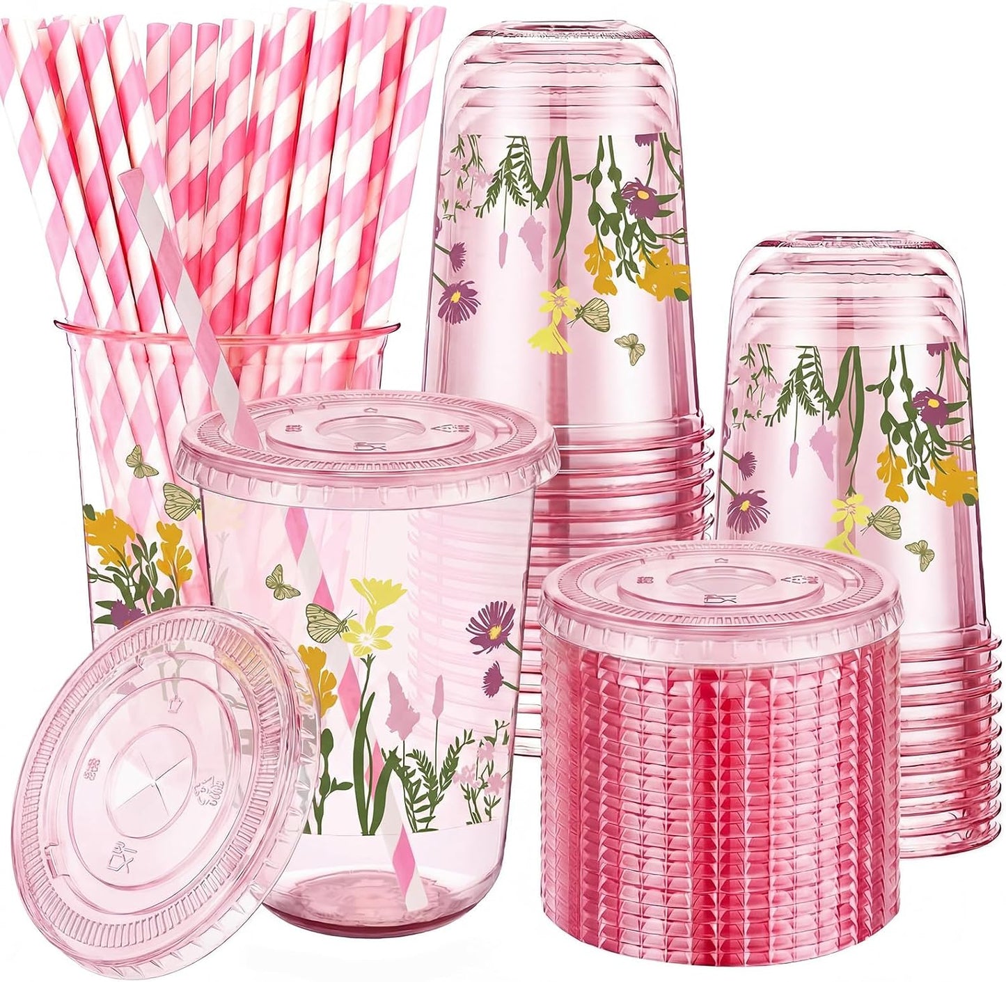 50 Sets Yellow Lemon Clear Plastic Cups with Lids & Straws 16 oz Party Tumblers for Iced Coffee, Smoothies, Juice & More Cute Disposable Pet Mugs for Birthdays & Gatherings