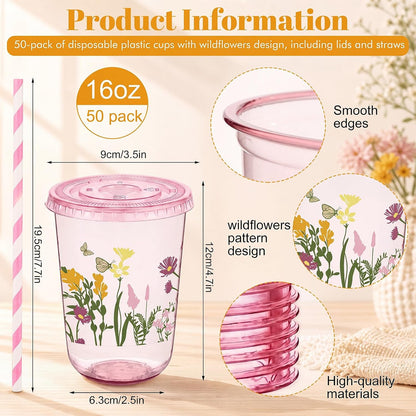 50 Sets Yellow Lemon Clear Plastic Cups with Lids & Straws 16 oz Party Tumblers for Iced Coffee, Smoothies, Juice & More Cute Disposable Pet Mugs for Birthdays & Gatherings
