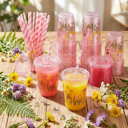 50 Sets Yellow Lemon Clear Plastic Cups with Lids & Straws 16 oz Party Tumblers for Iced Coffee, Smoothies, Juice & More Cute Disposable Pet Mugs for Birthdays & Gatherings