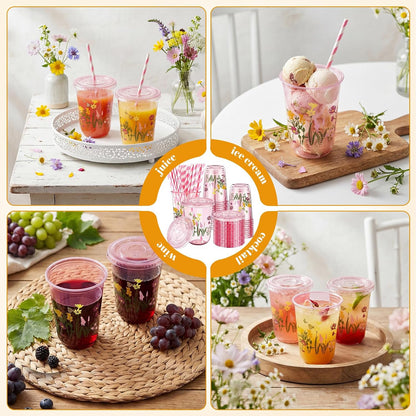 50 Sets Yellow Lemon Clear Plastic Cups with Lids & Straws 16 oz Party Tumblers for Iced Coffee, Smoothies, Juice & More Cute Disposable Pet Mugs for Birthdays & Gatherings