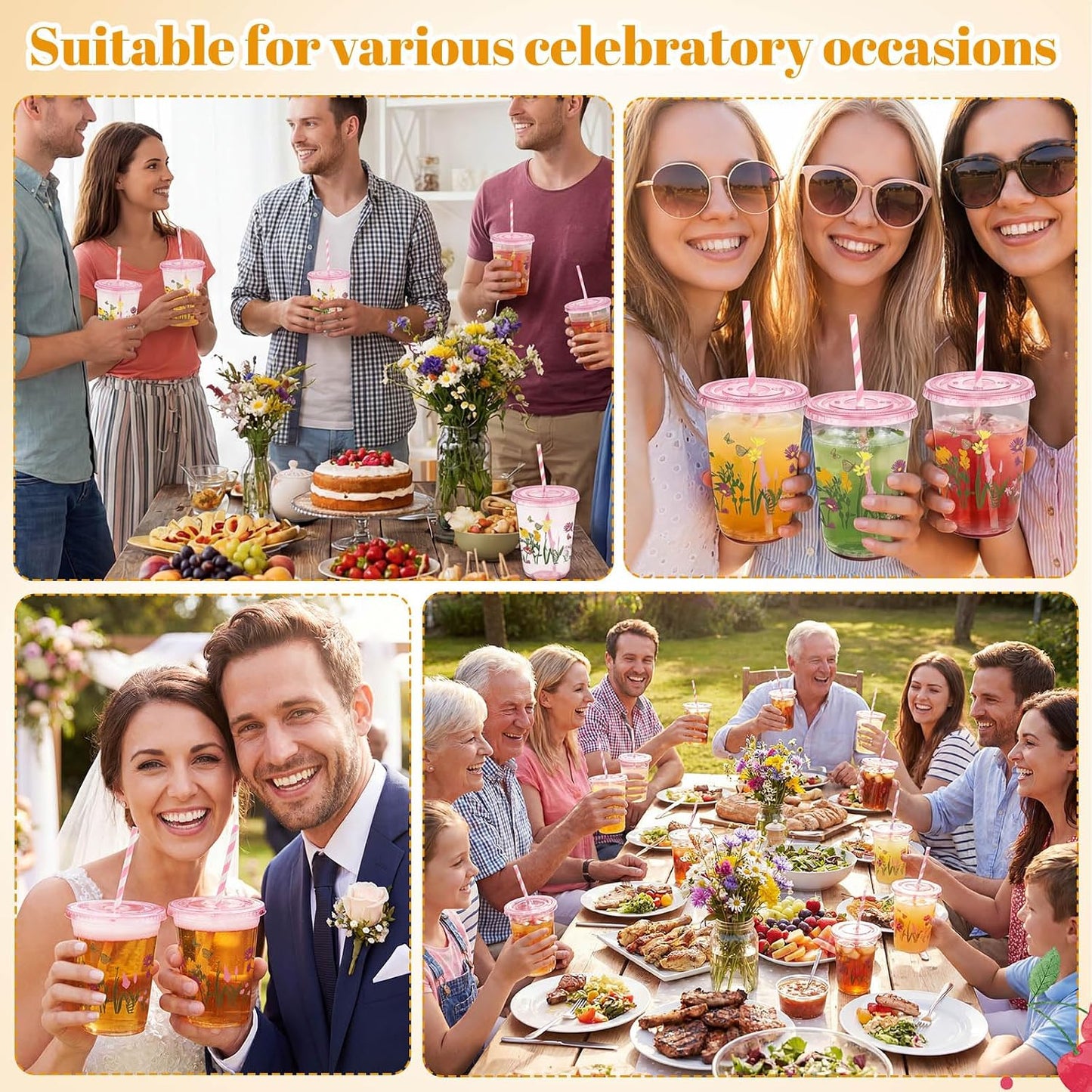 50 Sets Yellow Lemon Clear Plastic Cups with Lids & Straws 16 oz Party Tumblers for Iced Coffee, Smoothies, Juice & More Cute Disposable Pet Mugs for Birthdays & Gatherings