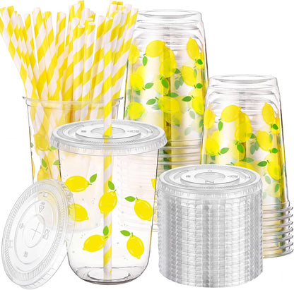 50 Sets Yellow Lemon Clear Plastic Cups with Lids & Straws 16 oz Party Tumblers for Iced Coffee, Smoothies, Juice & More Cute Disposable Pet Mugs for Birthdays & Gatherings