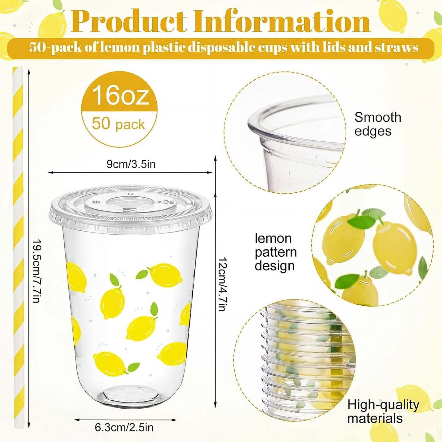 50 Sets Yellow Lemon Clear Plastic Cups with Lids & Straws 16 oz Party Tumblers for Iced Coffee, Smoothies, Juice & More Cute Disposable Pet Mugs for Birthdays & Gatherings